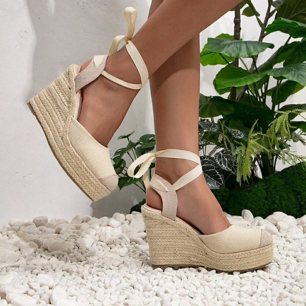 Apricot Boho Women's Vacation Tie Leg Design Espadrille Wedge Shoes